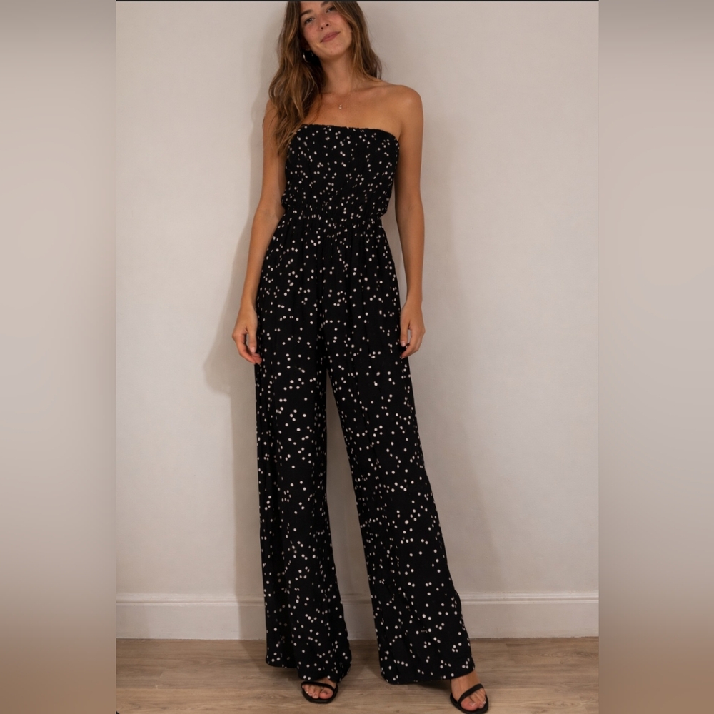Silence + Noise Black White Polka Dot Strapless Wide Leg Jumpsuit Small